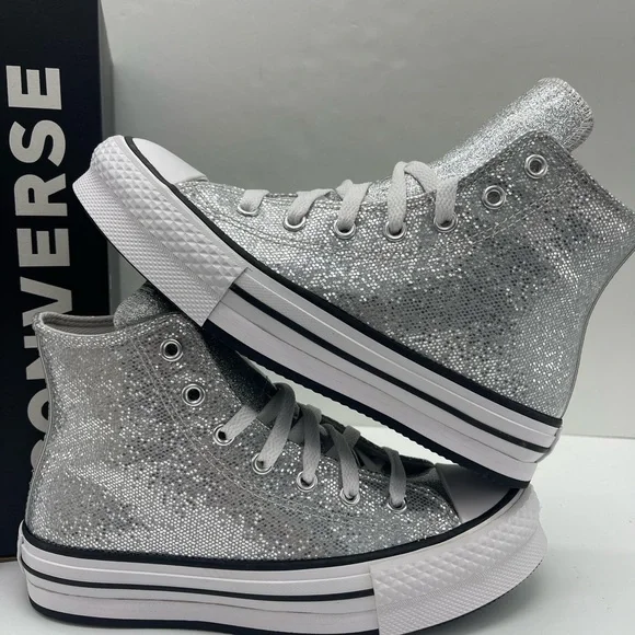 Converse CTAS EVA LIFT HI Chuck Taylor All Star High Top Sneakers Silver Glitter - Picture 12 of 16